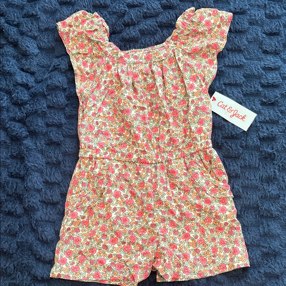 NWT Cat & Jack Coral Pink Floral Girls' Cotton Romper